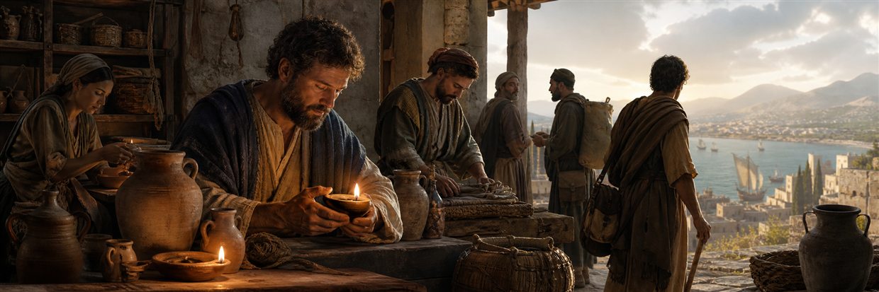 Travel-worn messengers carrying glowing clay lamps through a workshop toward a brightening landscape